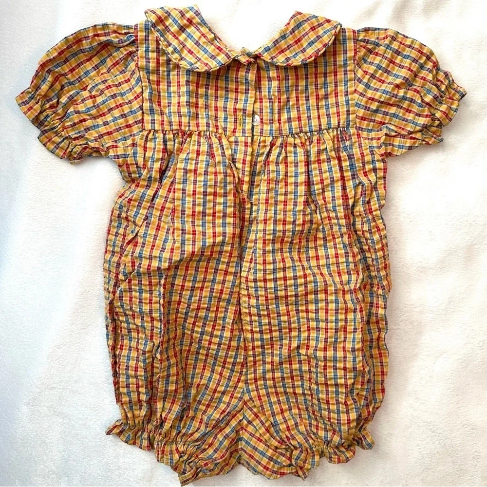Vintage Samara Baby Girl Bubble Romper 24M One Pc Plaid Collar yellow blue red